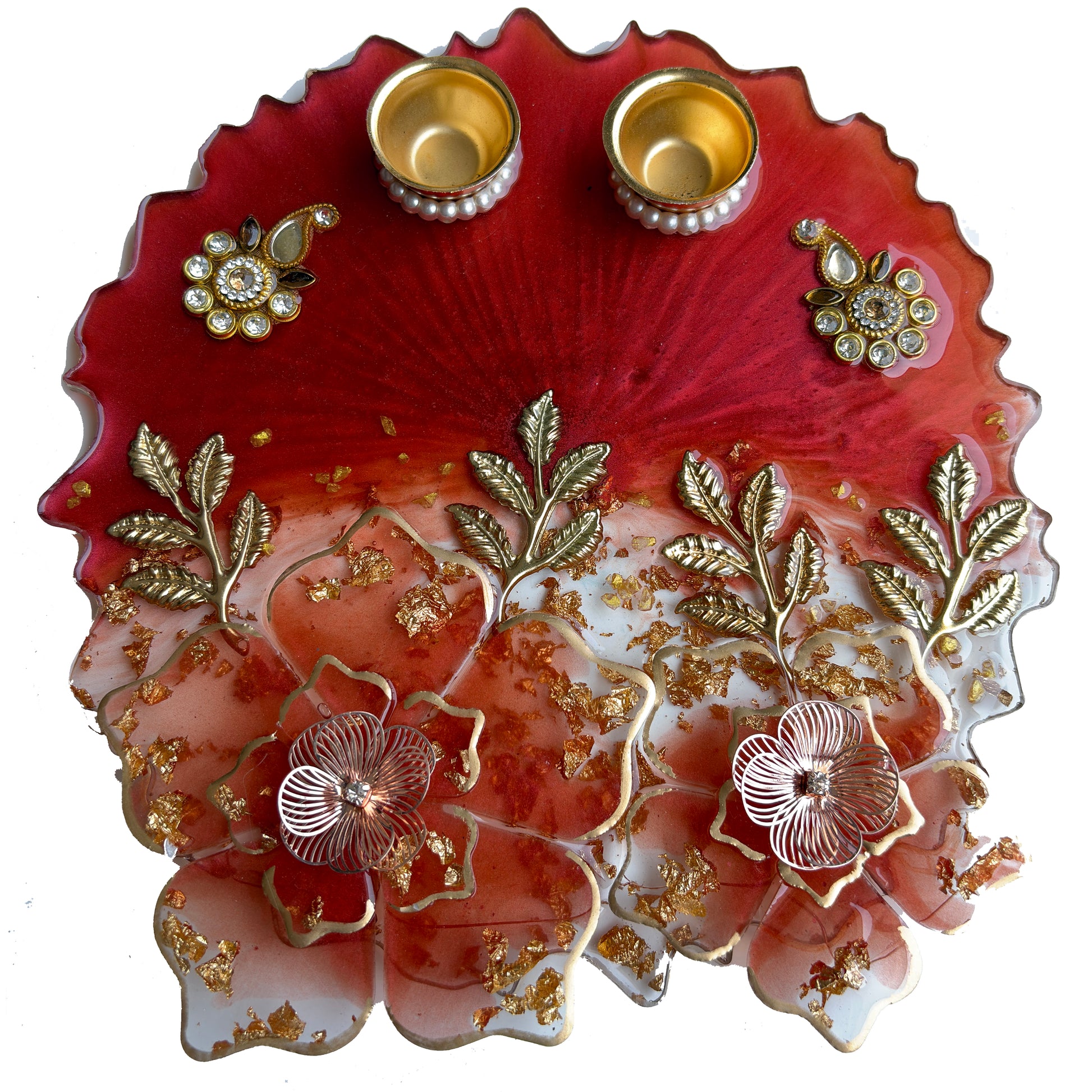 Red Ombre 3D Floral Resin Pooja Thali (8 Inch)
