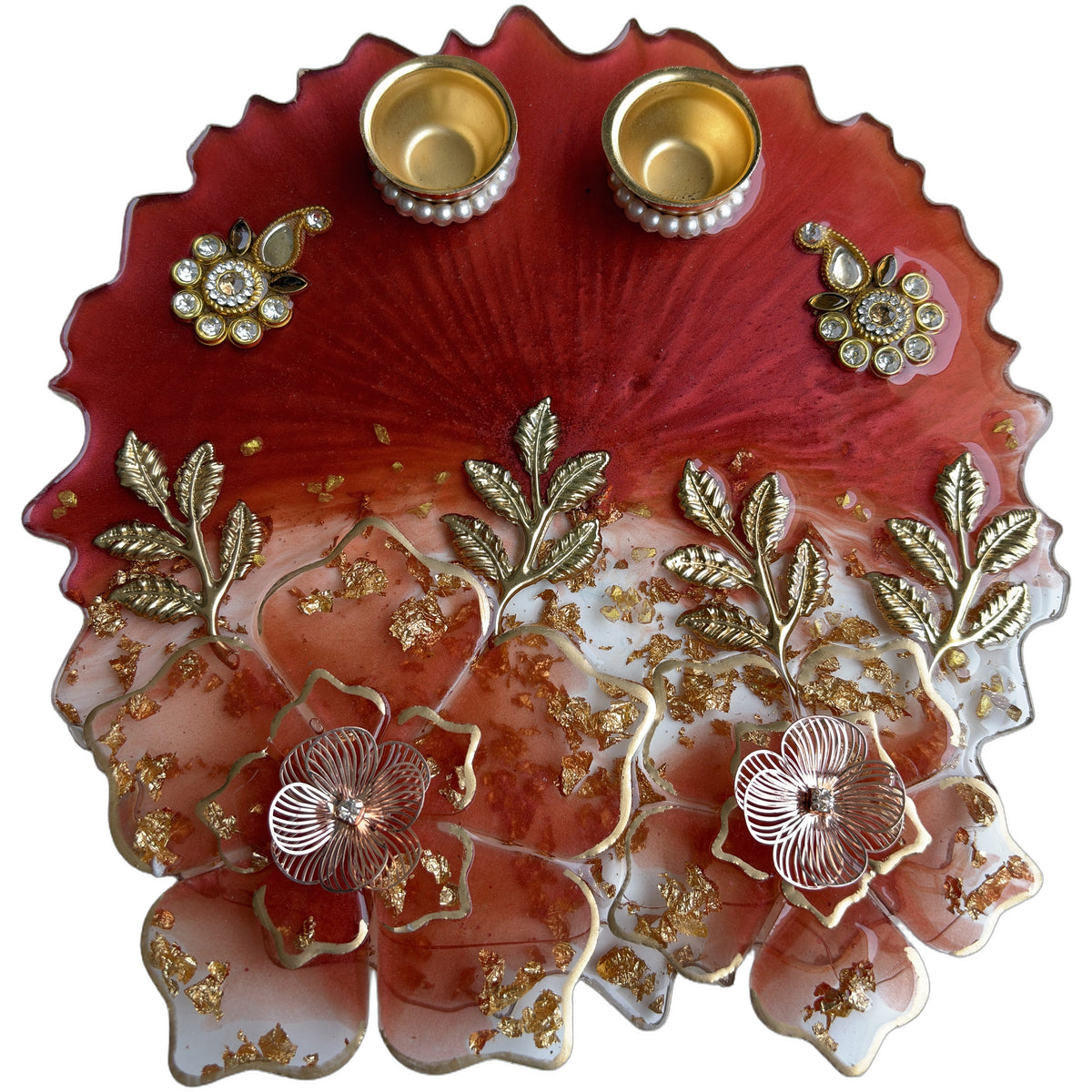 Red Ombre 3D Floral Resin Pooja Thali (8 Inch)
