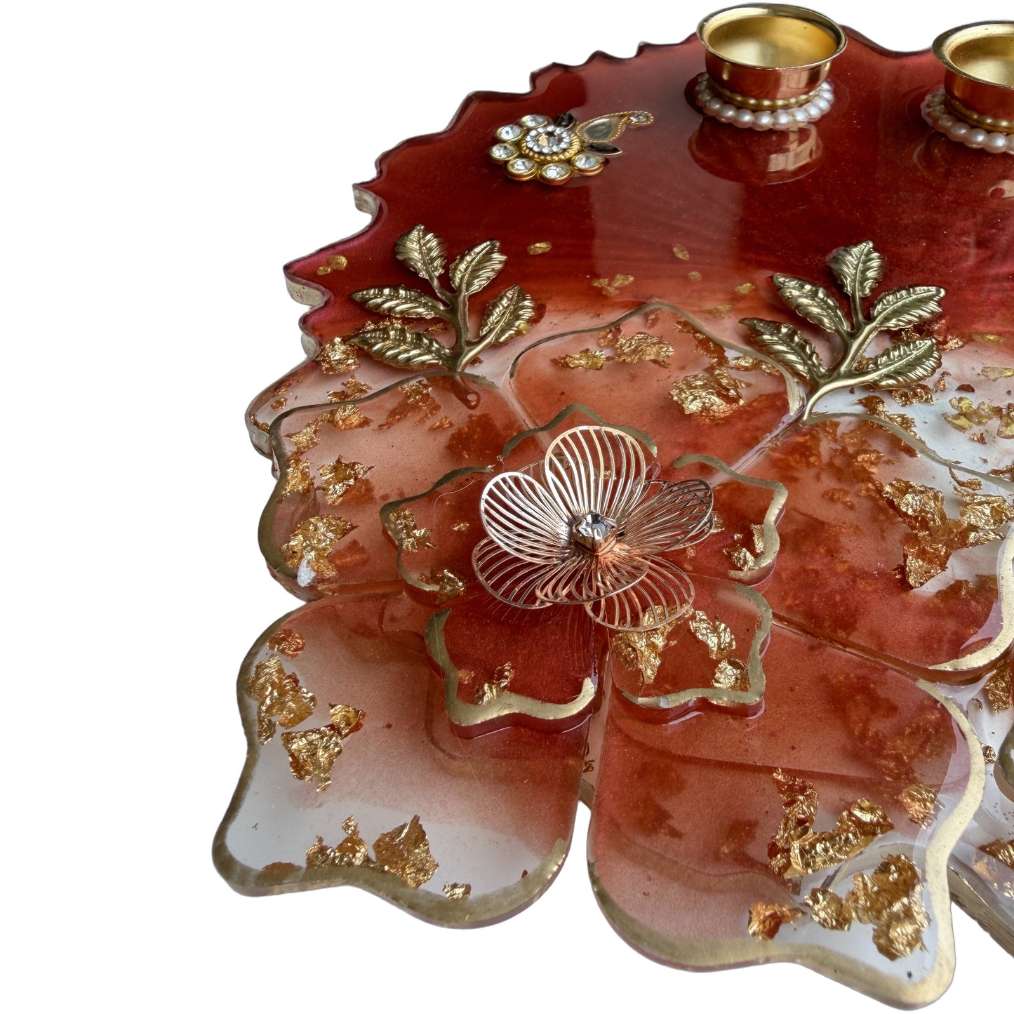 Red Ombre 3D Floral Resin Pooja Thali (8 Inch)