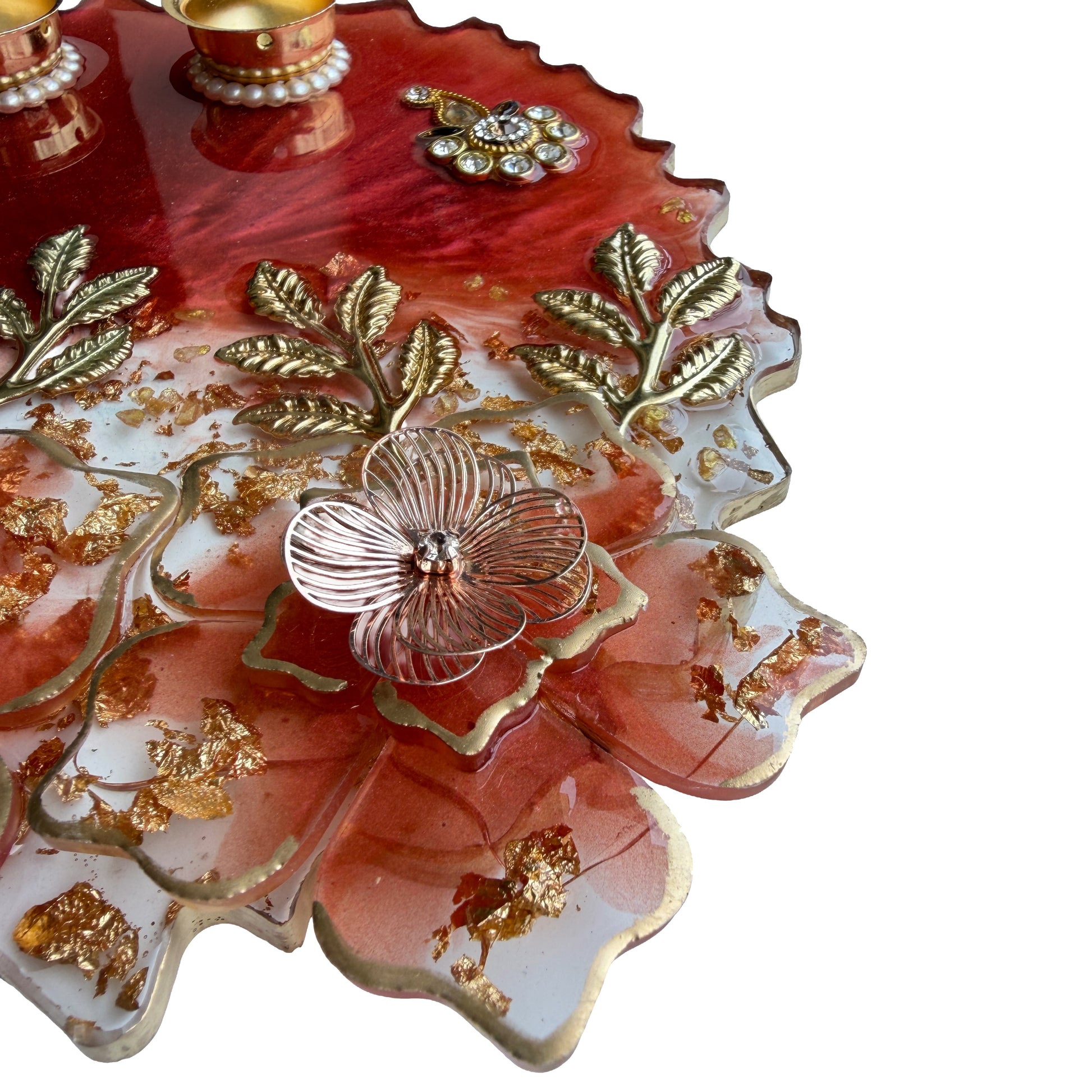 Red Ombre 3D Floral Resin Pooja Thali (8 Inch)