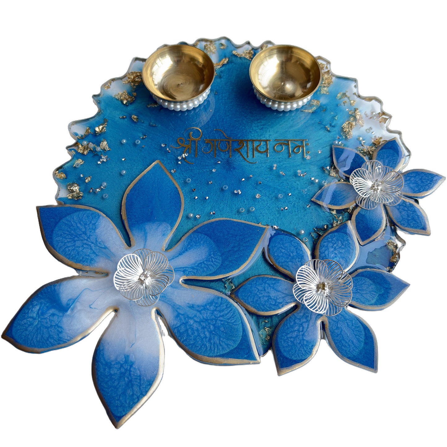 Blue 3D Lily Ganesha Resin Pooja Thali (8 Inch)