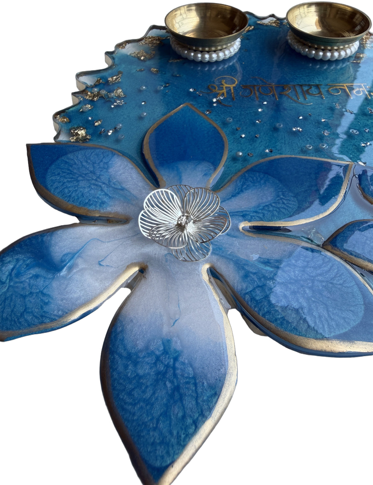 Blue 3D Lily Ganesha Resin Pooja Thali (8 Inch)