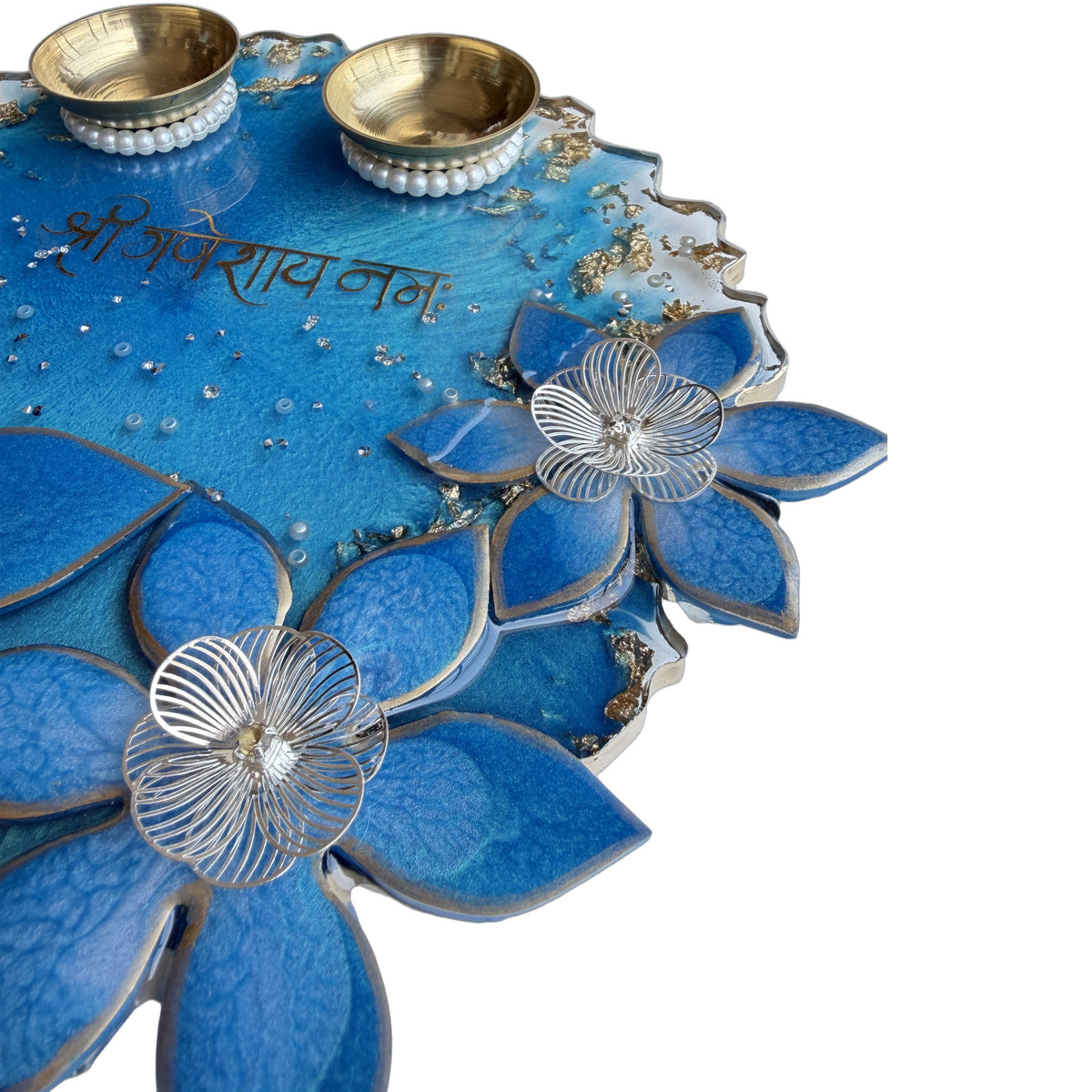 Blue 3D Lily Ganesha Resin Pooja Thali (8 Inch)
