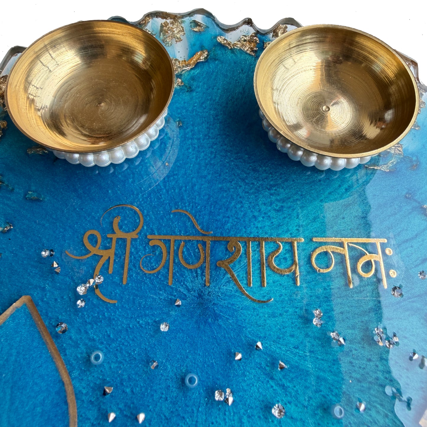 Blue 3D Lily Ganesha Resin Pooja Thali (8 Inch)