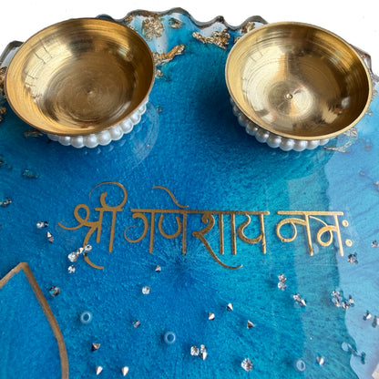 Blue 3D Lily Ganesha Resin Pooja Thali (8 Inch)