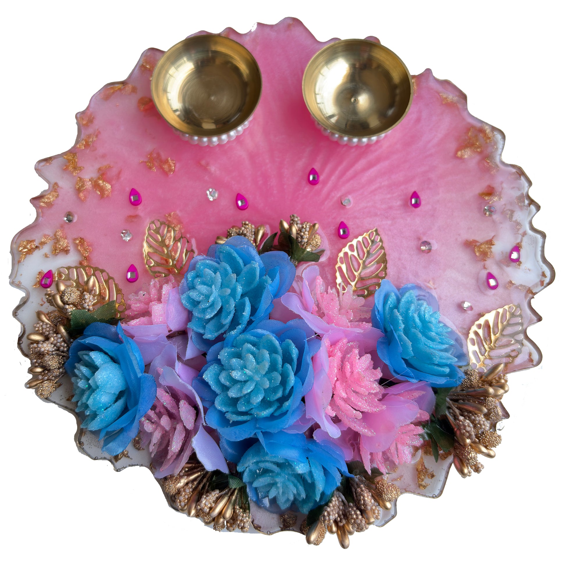 Pink & Blue Rose Bouquet Resin Pooja Thali (8 Inch)