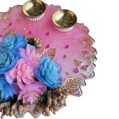 Pink & Blue Rose Bouquet Resin Pooja Thali (8 Inch)
