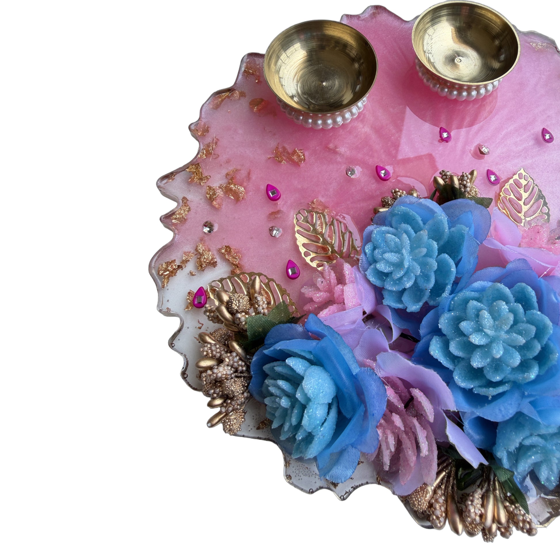 Pink & Blue Rose Bouquet Resin Pooja Thali (8 Inch)