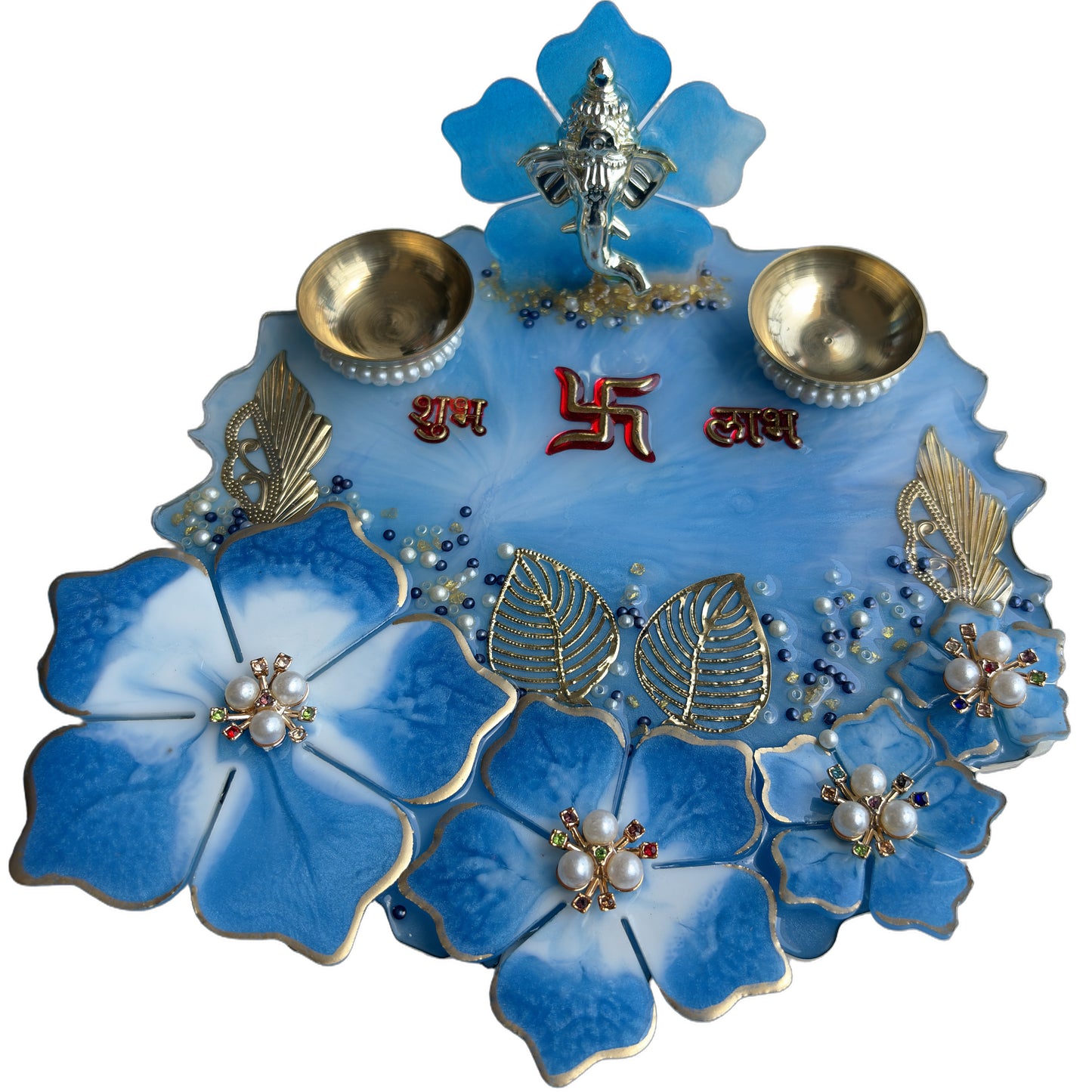Blue Ganesha Shubh Labh 3D Floral Resin Pooja Thali (8 Inch)