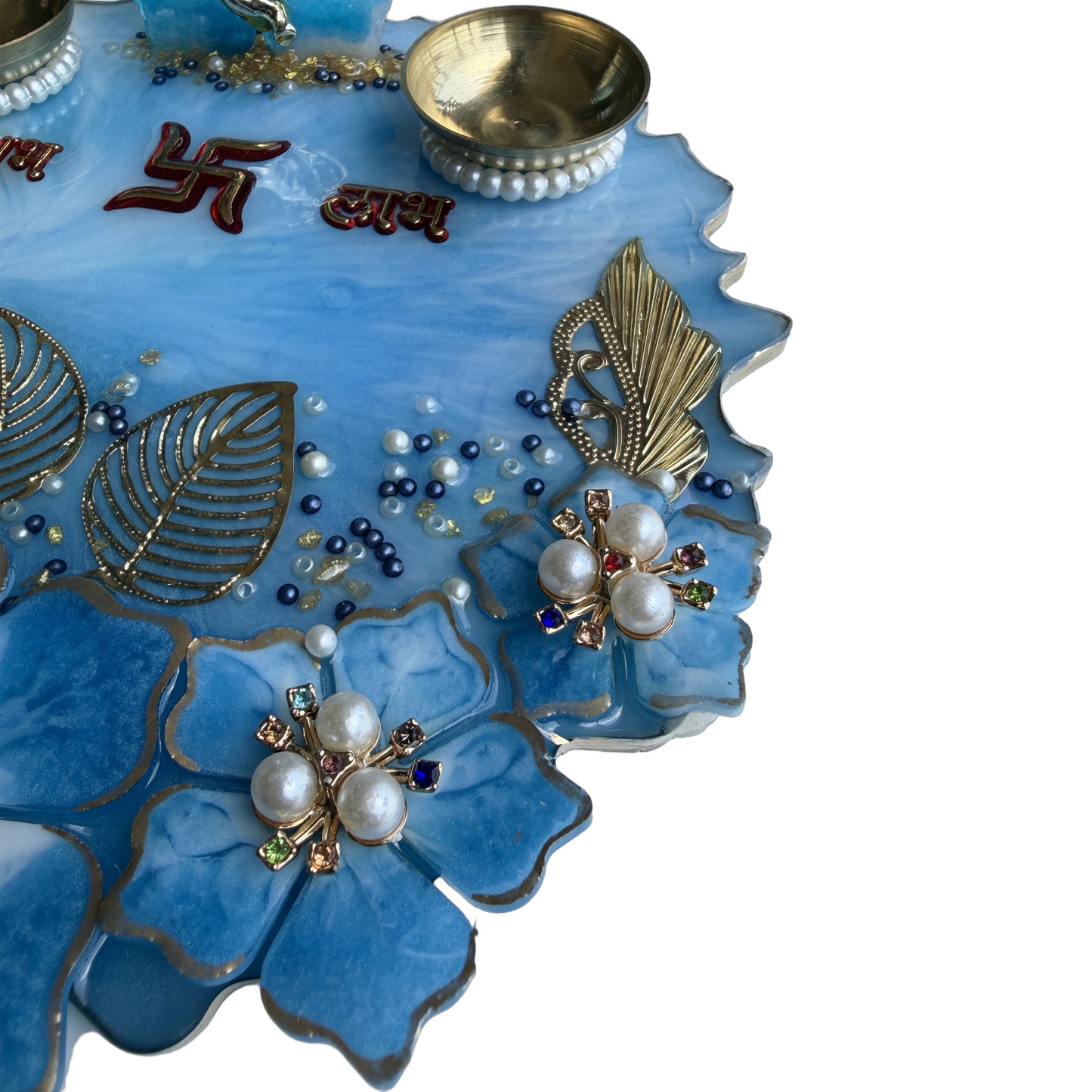 Blue Ganesha Shubh Labh 3D Floral Resin Pooja Thali (8 Inch)