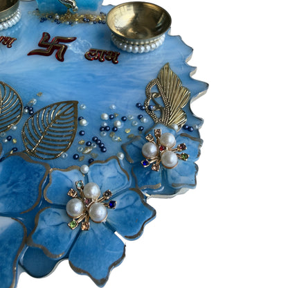 Blue Ganesha Shubh Labh 3D Floral Resin Pooja Thali (8 Inch)