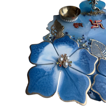 Blue Ganesha Shubh Labh 3D Floral Resin Pooja Thali (8 Inch)