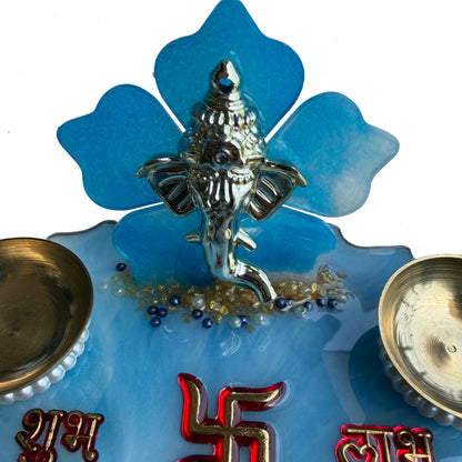 Blue Ganesha Shubh Labh 3D Floral Resin Pooja Thali (8 Inch)