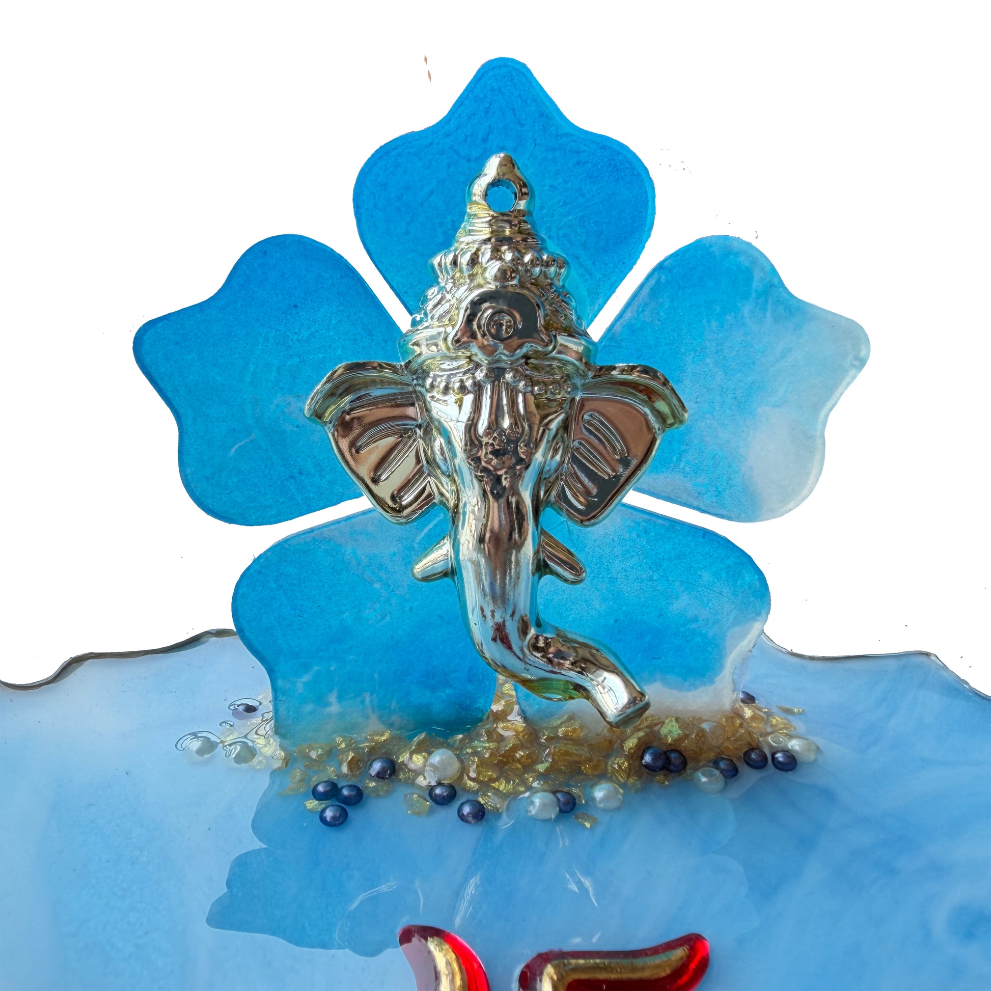 Blue Ganesha Shubh Labh 3D Floral Resin Pooja Thali (8 Inch)