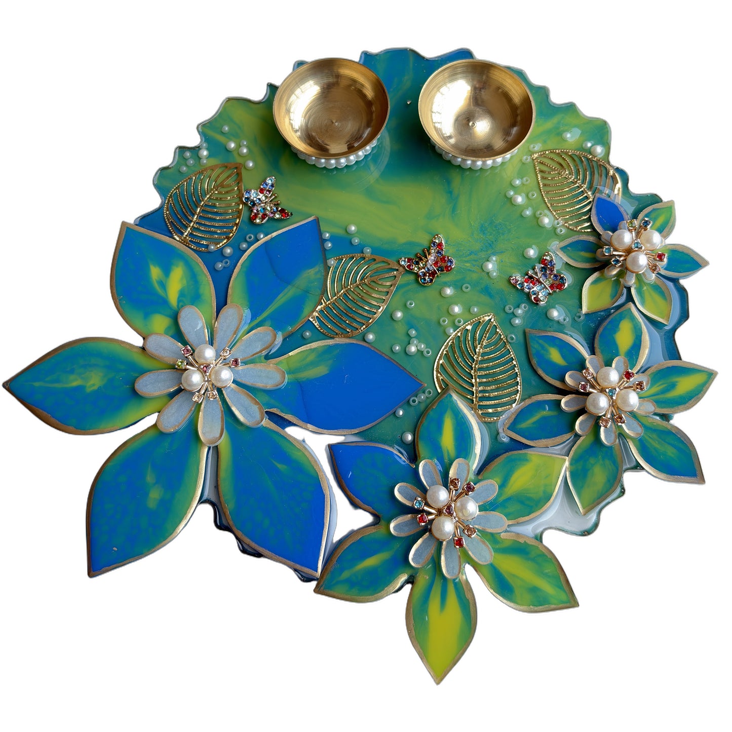 Teal Blue 3D Lily Resin Pooja Thali (8 Inch)