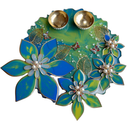 Teal Blue 3D Lily Resin Pooja Thali (8 Inch)