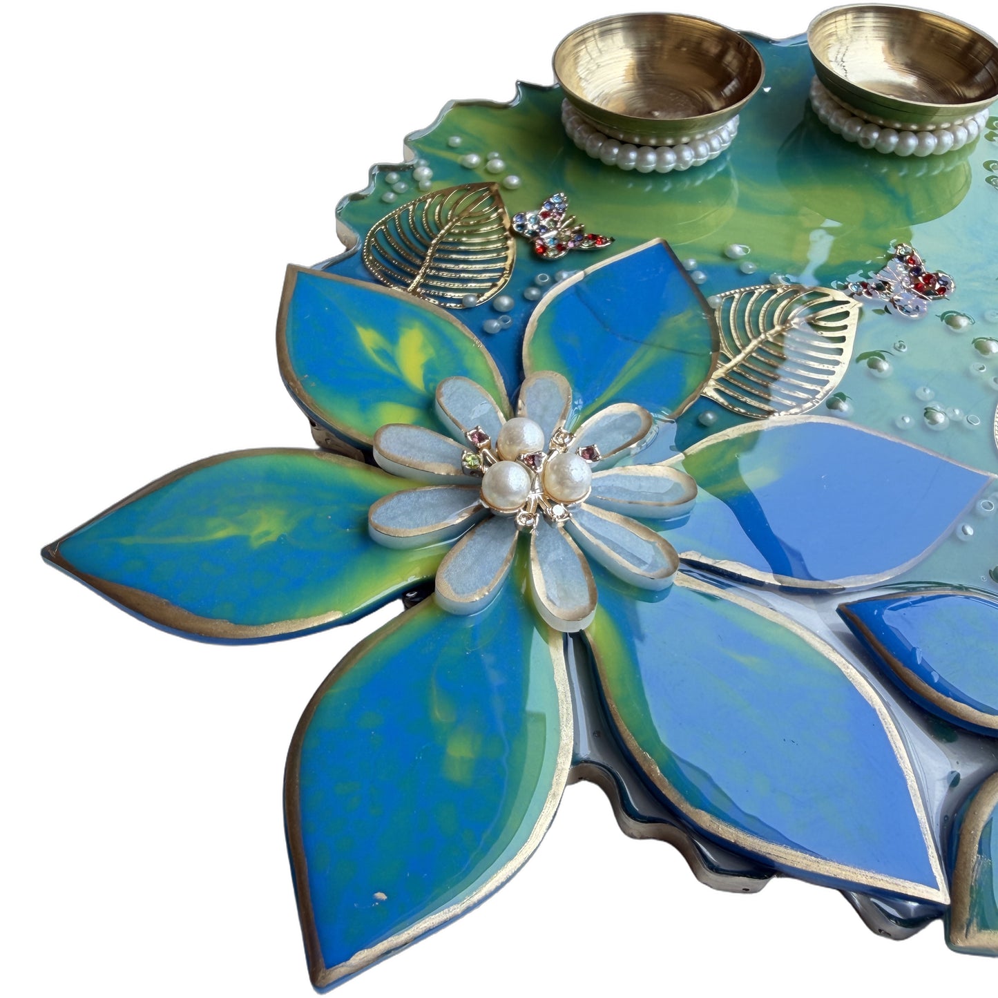 Teal Blue 3D Lily Resin Pooja Thali (8 Inch)