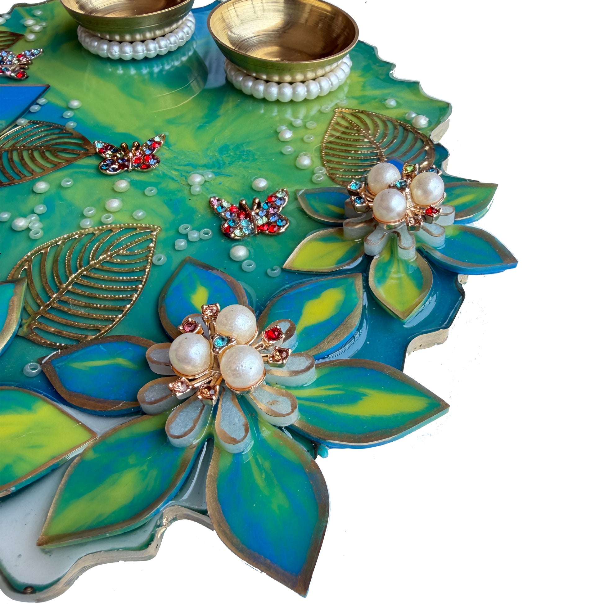 Teal Blue 3D Lily Resin Pooja Thali (8 Inch)