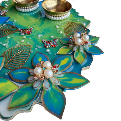 Teal Blue 3D Lily Resin Pooja Thali (8 Inch)