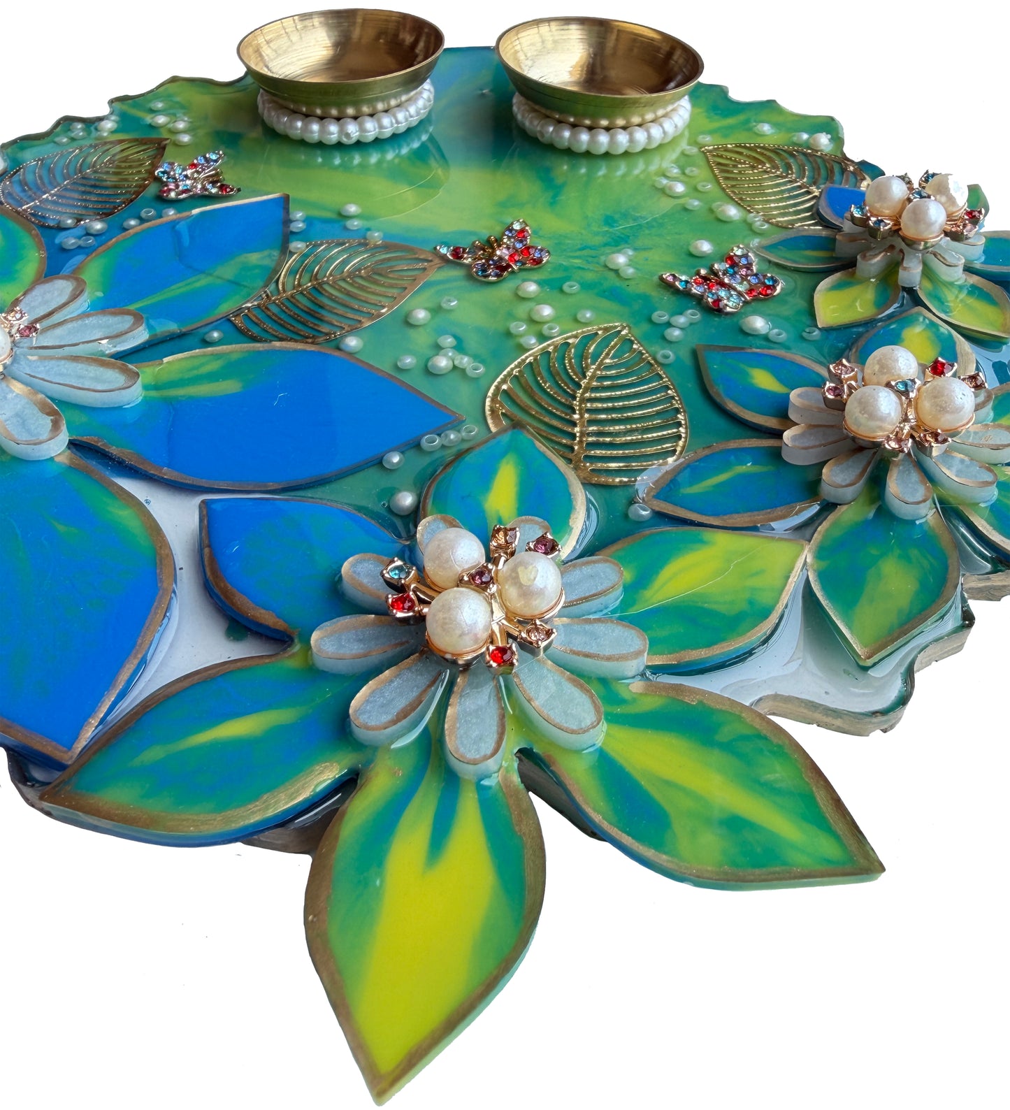 Teal Blue 3D Lily Resin Pooja Thali (8 Inch)