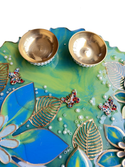 Teal Blue 3D Lily Resin Pooja Thali (8 Inch)