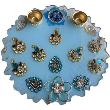 Sky Blue Radha Krishna Kundan Resin Pooja Thali (8 Inch)
