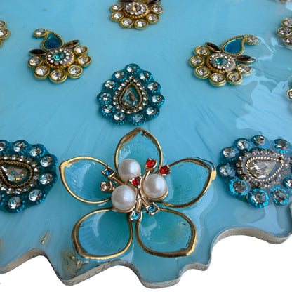 Sky Blue Radha Krishna Kundan Resin Pooja Thali (8 Inch)