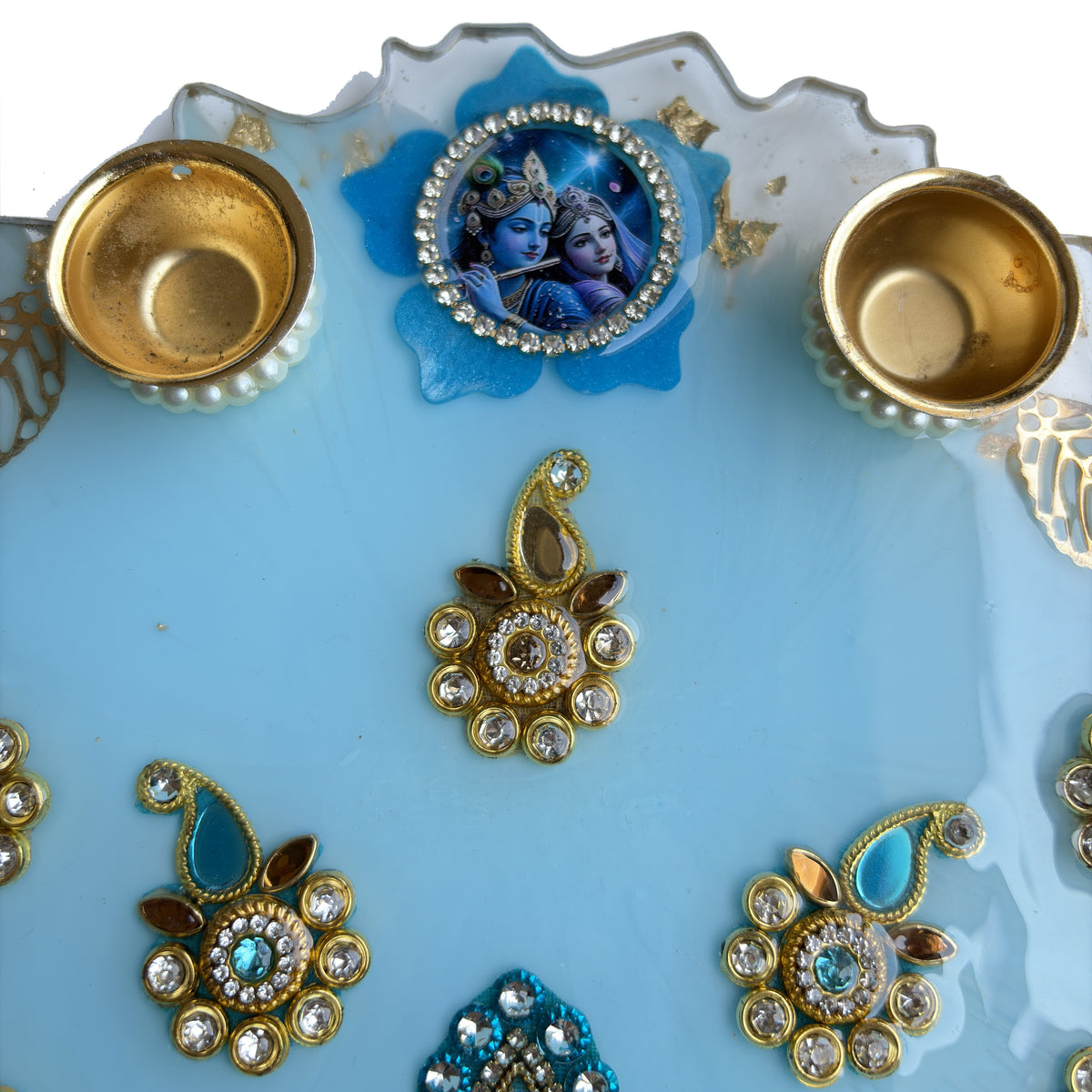 Sky Blue Radha Krishna Kundan Resin Pooja Thali (8 Inch)