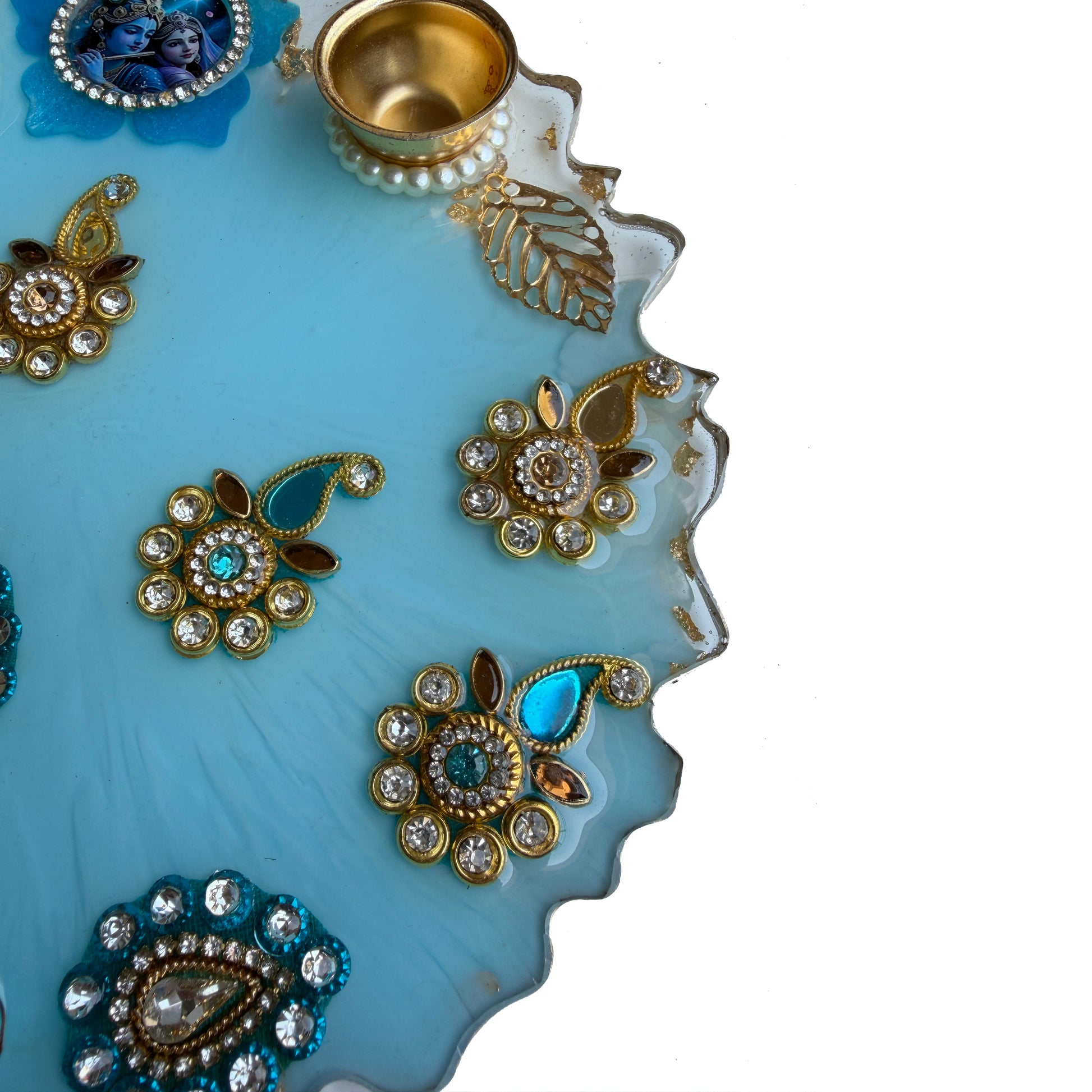 Sky Blue Radha Krishna Kundan Resin Pooja Thali (8 Inch)