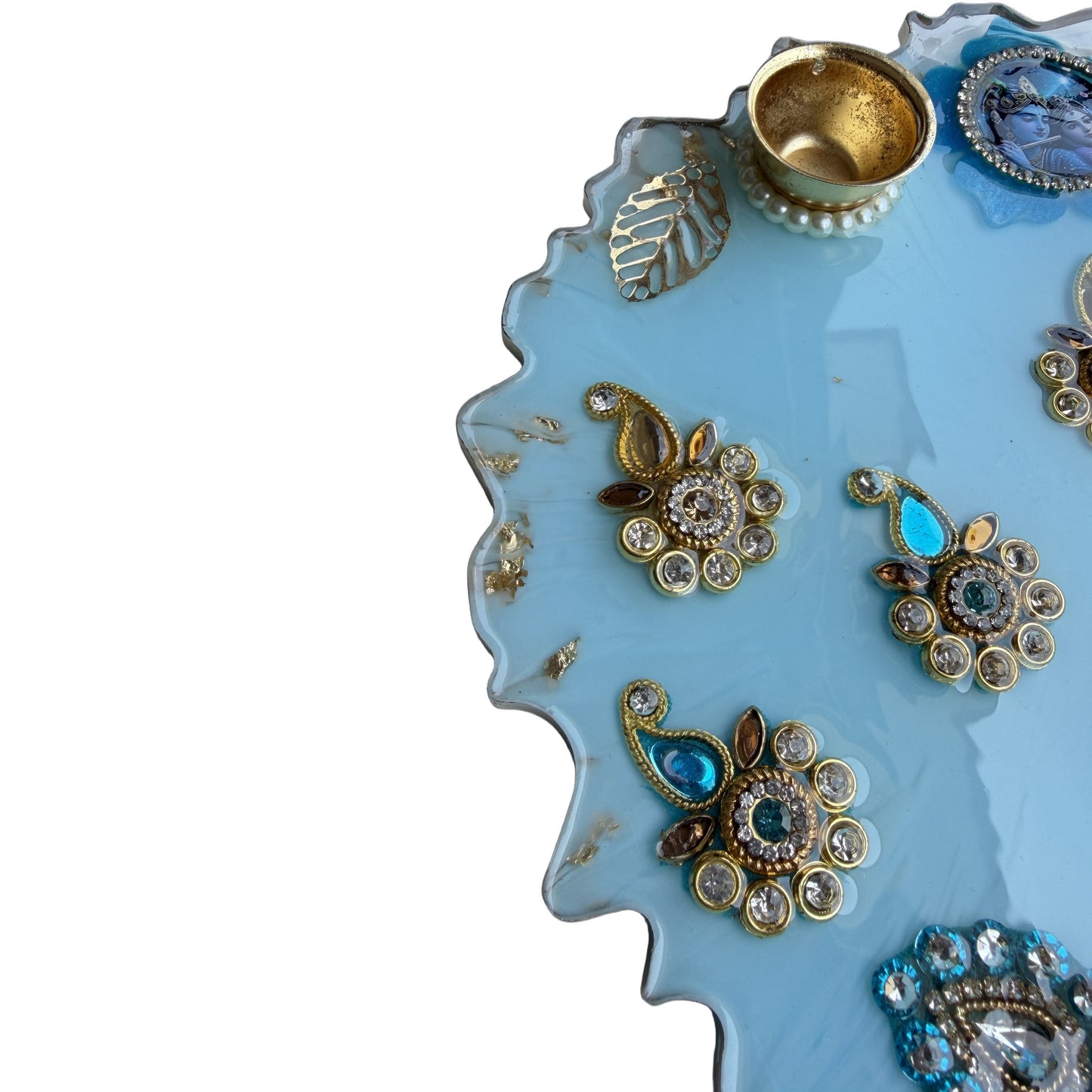 Sky Blue Radha Krishna Kundan Resin Pooja Thali (8 Inch)