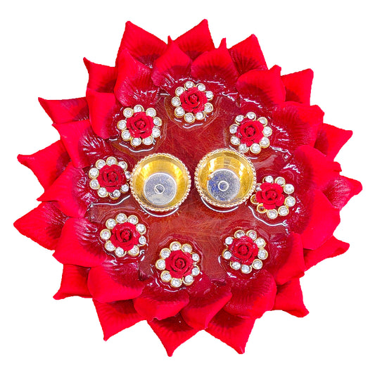 Red Lotus Petal Resin Pooja Thali (8 Inch)