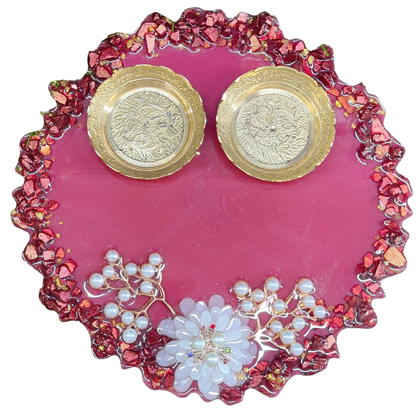 Maroon Engraved Bowl Resin Pooja Thali (8 Inch)