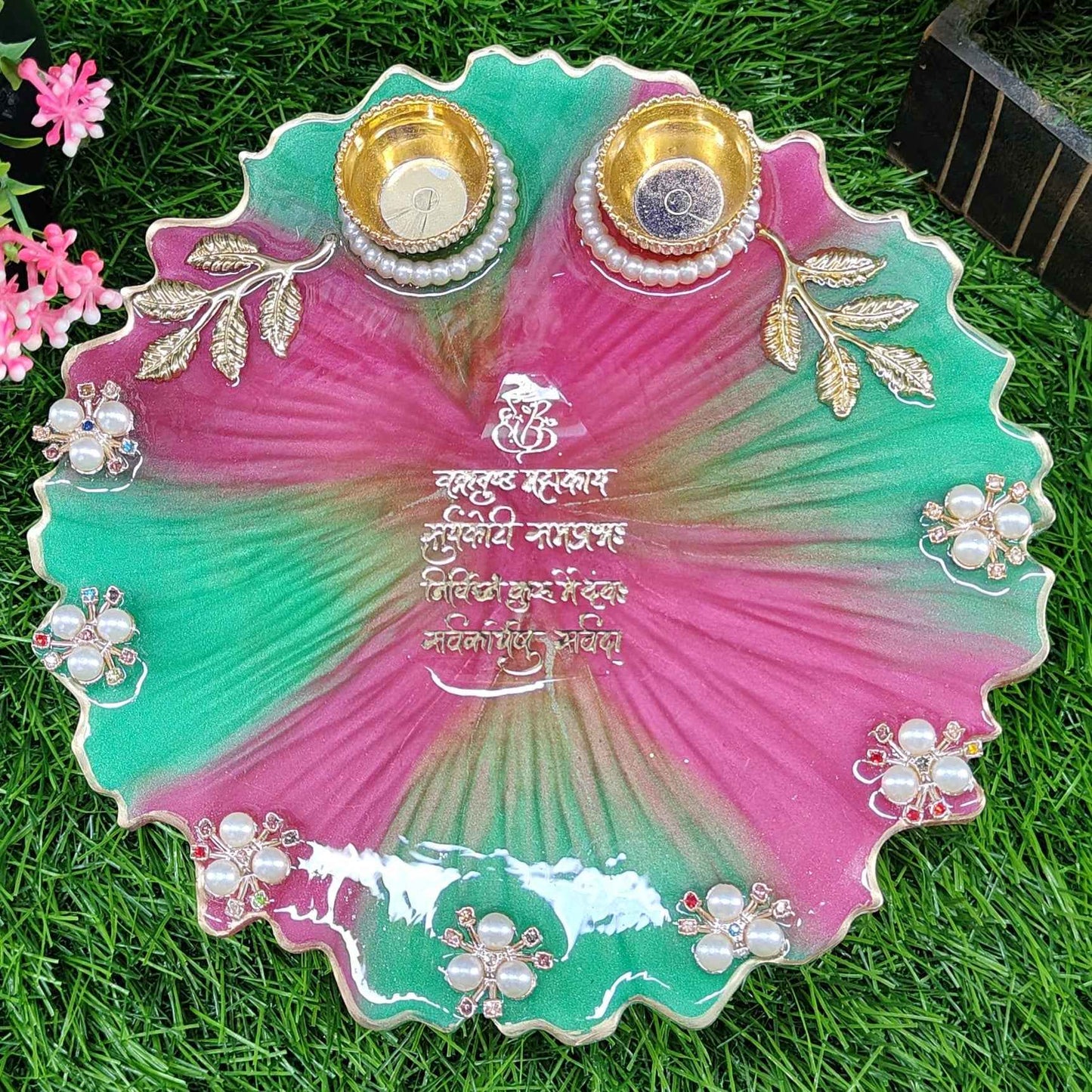 Rani Pink & Green Mantra Resin Pooja Thali (8 Inch) ✨