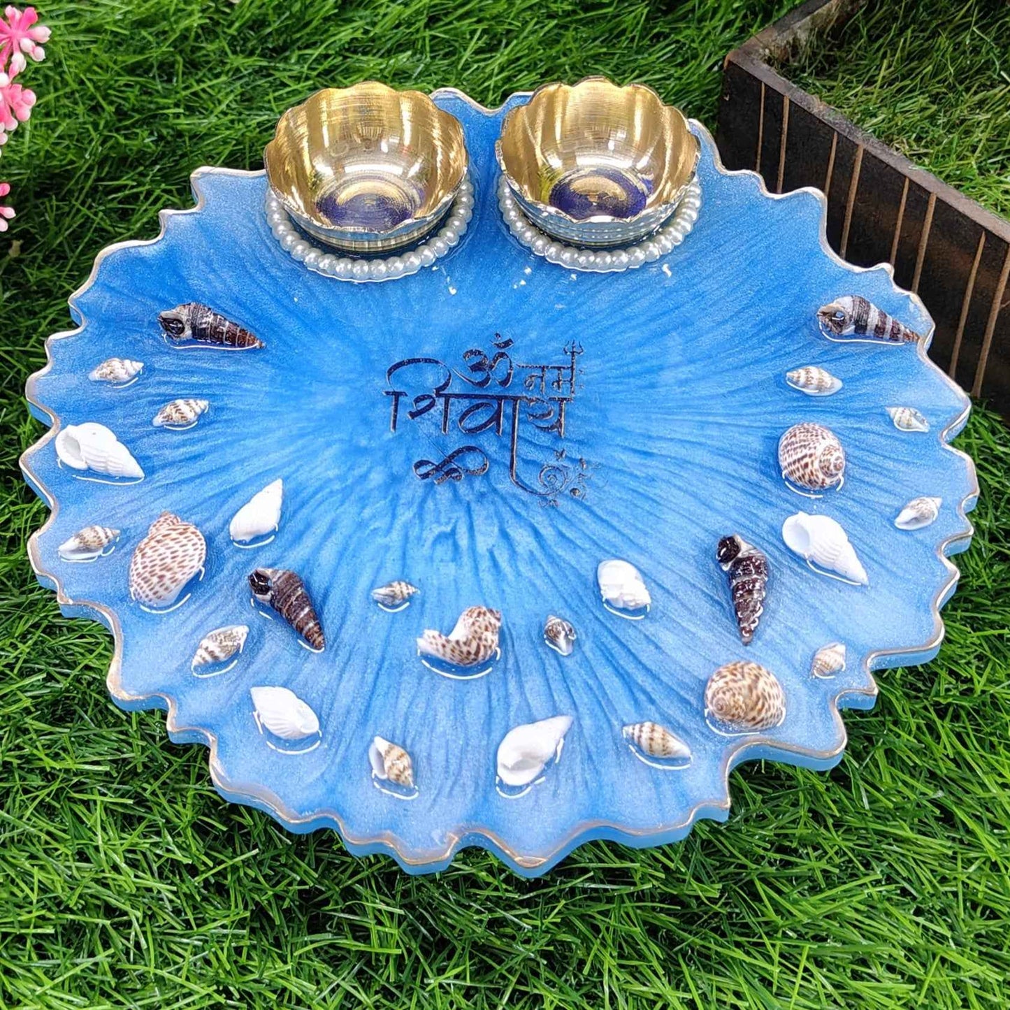 Ocean Seashell Om Namah Shivay Resin Pooja Thali (8 Inch) ✨