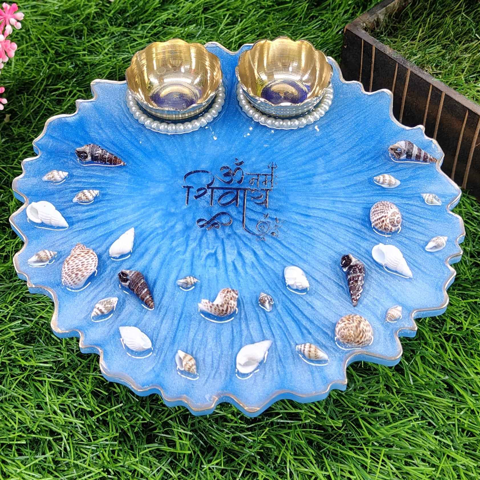 Ocean Seashell Om Namah Shivay Resin Pooja Thali (8 Inch) ✨