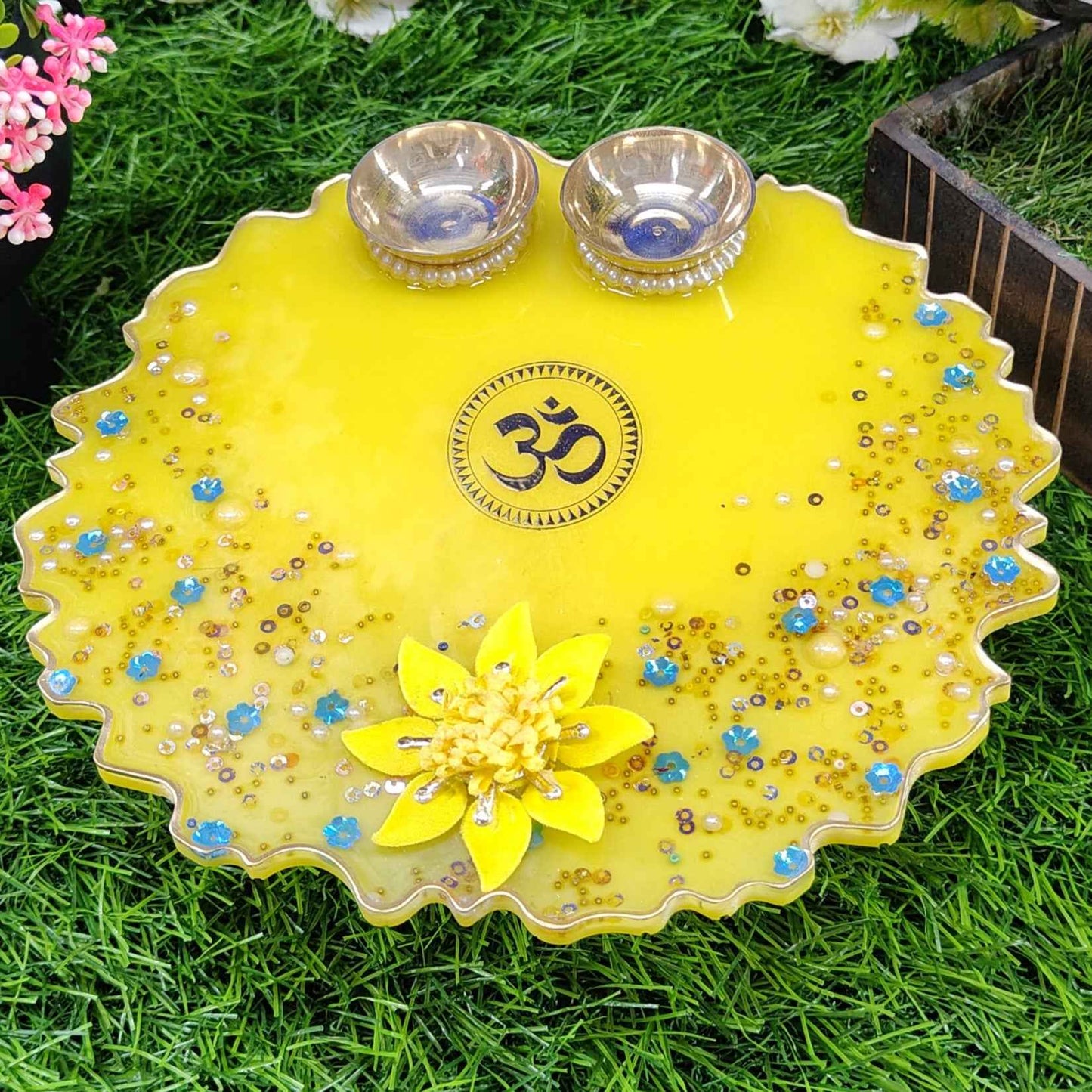 Sunshine Om Golden Lotus Resin Pooja Thali (8 Inch) ✨