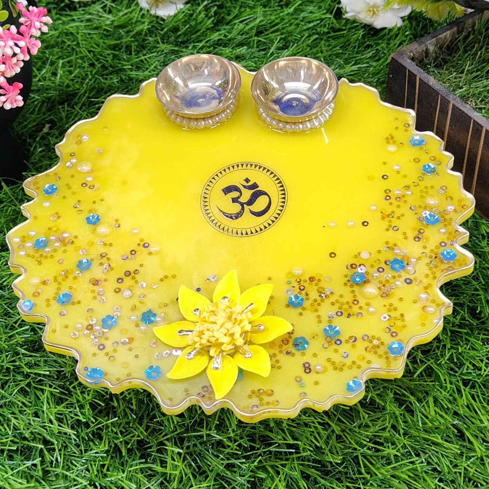Sunshine Om Golden Lotus Resin Pooja Thali (8 Inch) ✨