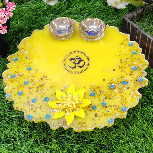 Sunshine Om Golden Lotus Resin Pooja Thali (8 Inch) ✨