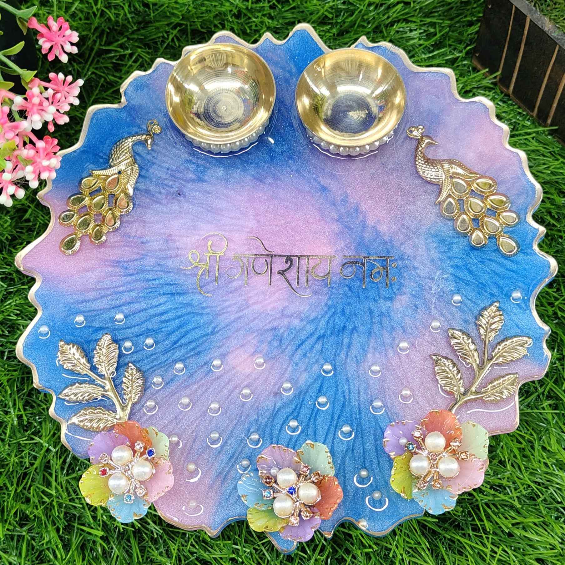 Periwinkle Peacock Mantra Resin Pooja Thali (8 Inch) ✨