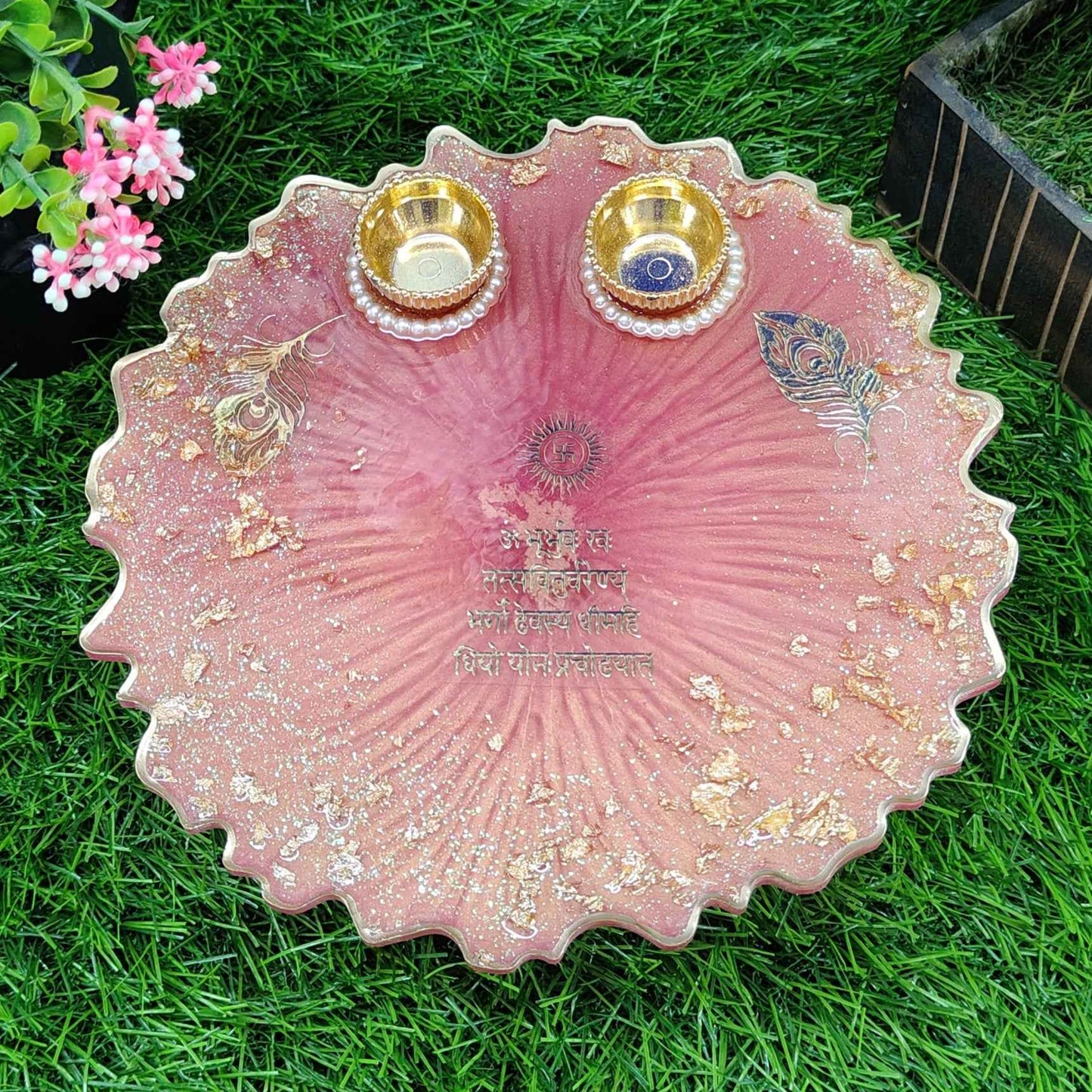 Peach Blossom Mantra Resin Pooja Thali (8 Inch) ✨