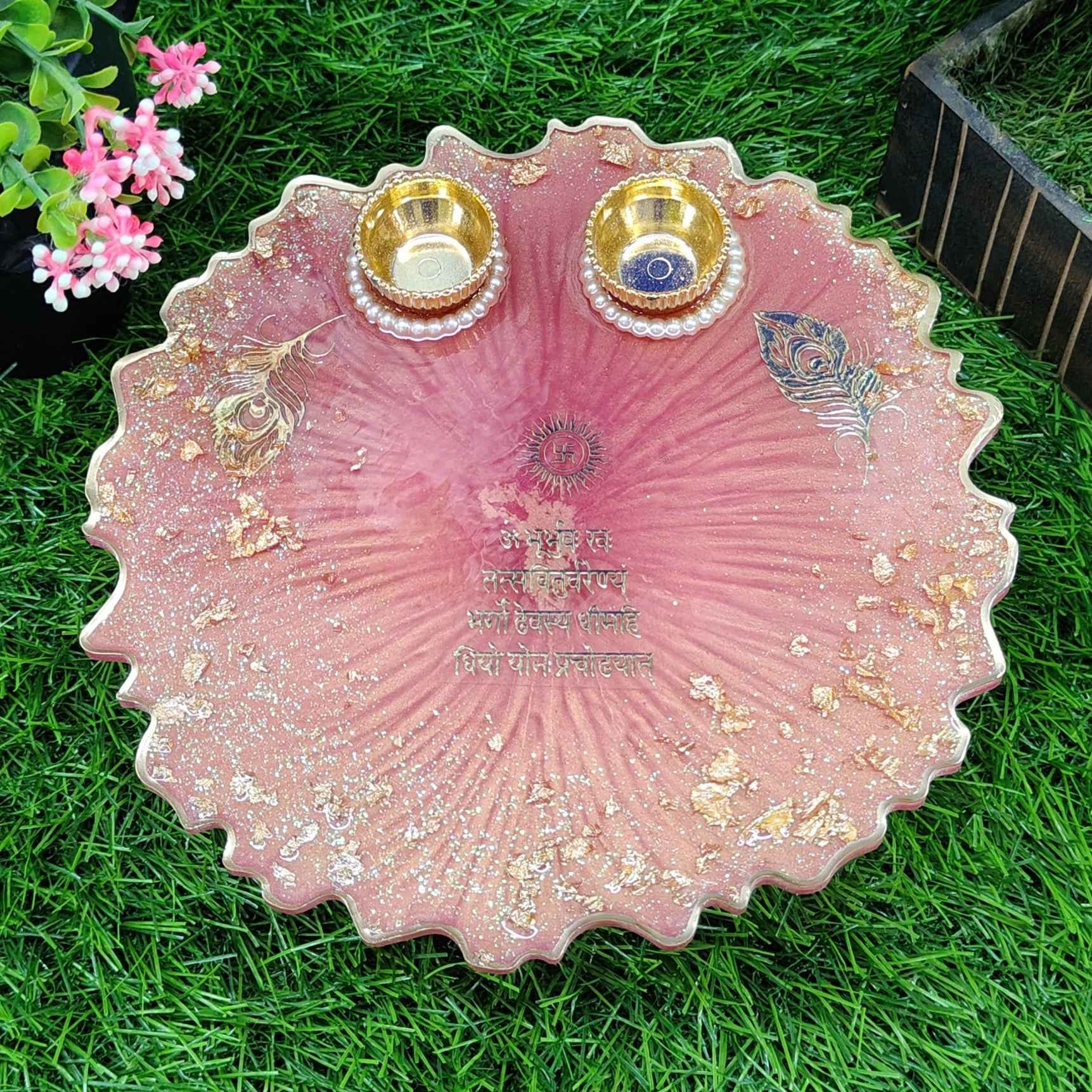 Peach Blossom Mantra Resin Pooja Thali (8 Inch) ✨