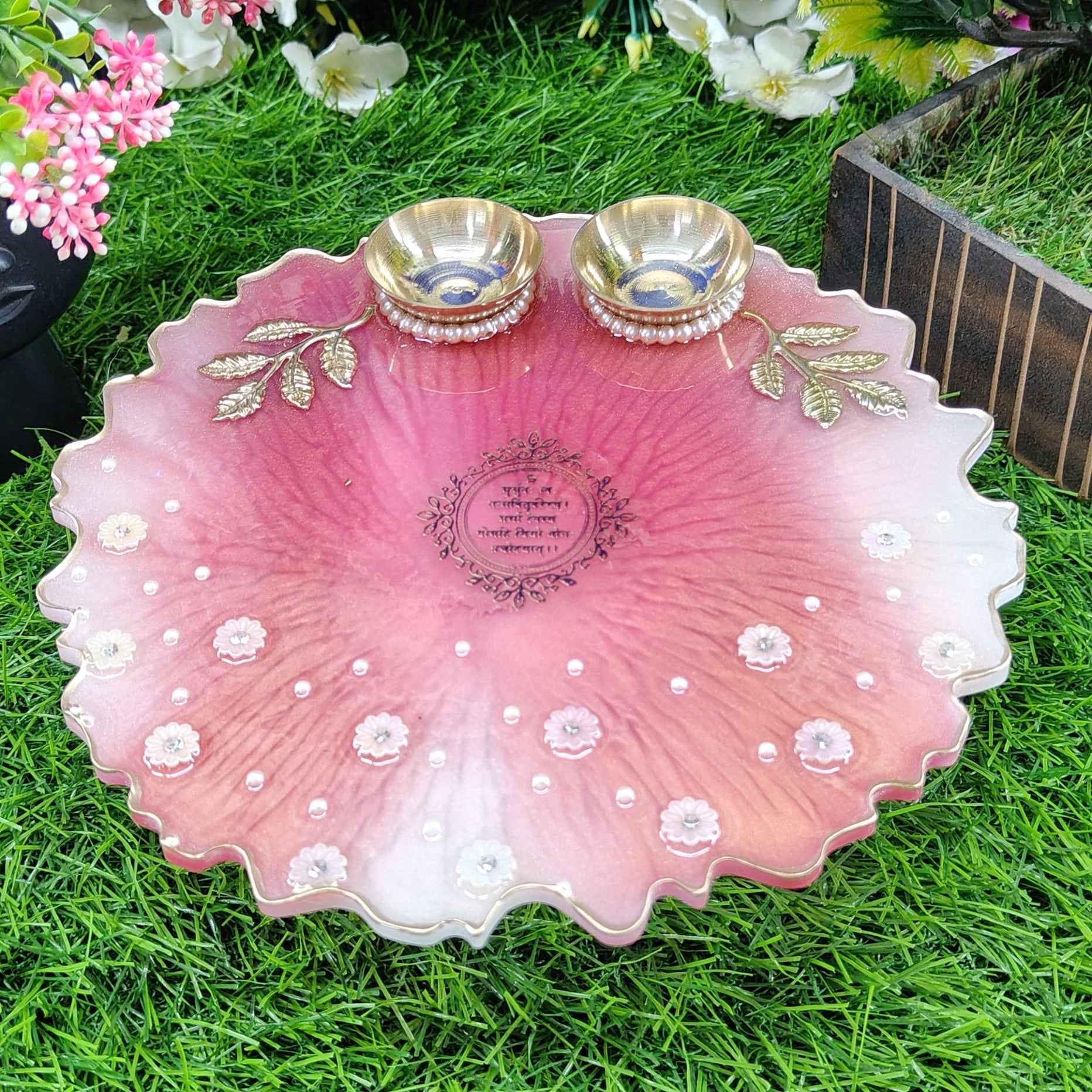 Petal Pink Blessing Medallion Resin Pooja Thali (8 Inch) ✨