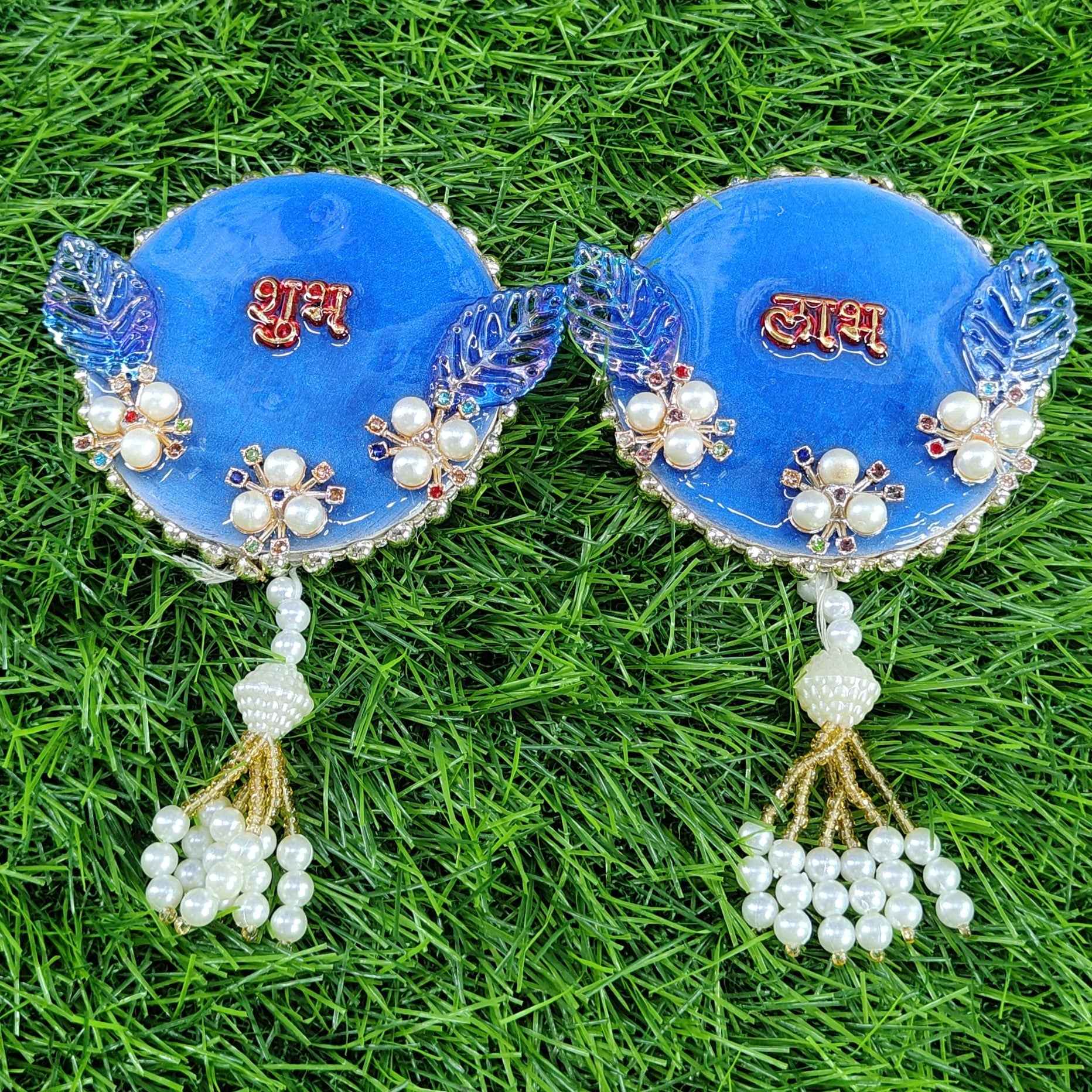 Sky Blue Pearl Shubh Labh Resin Door Hanging (Pair) ✨