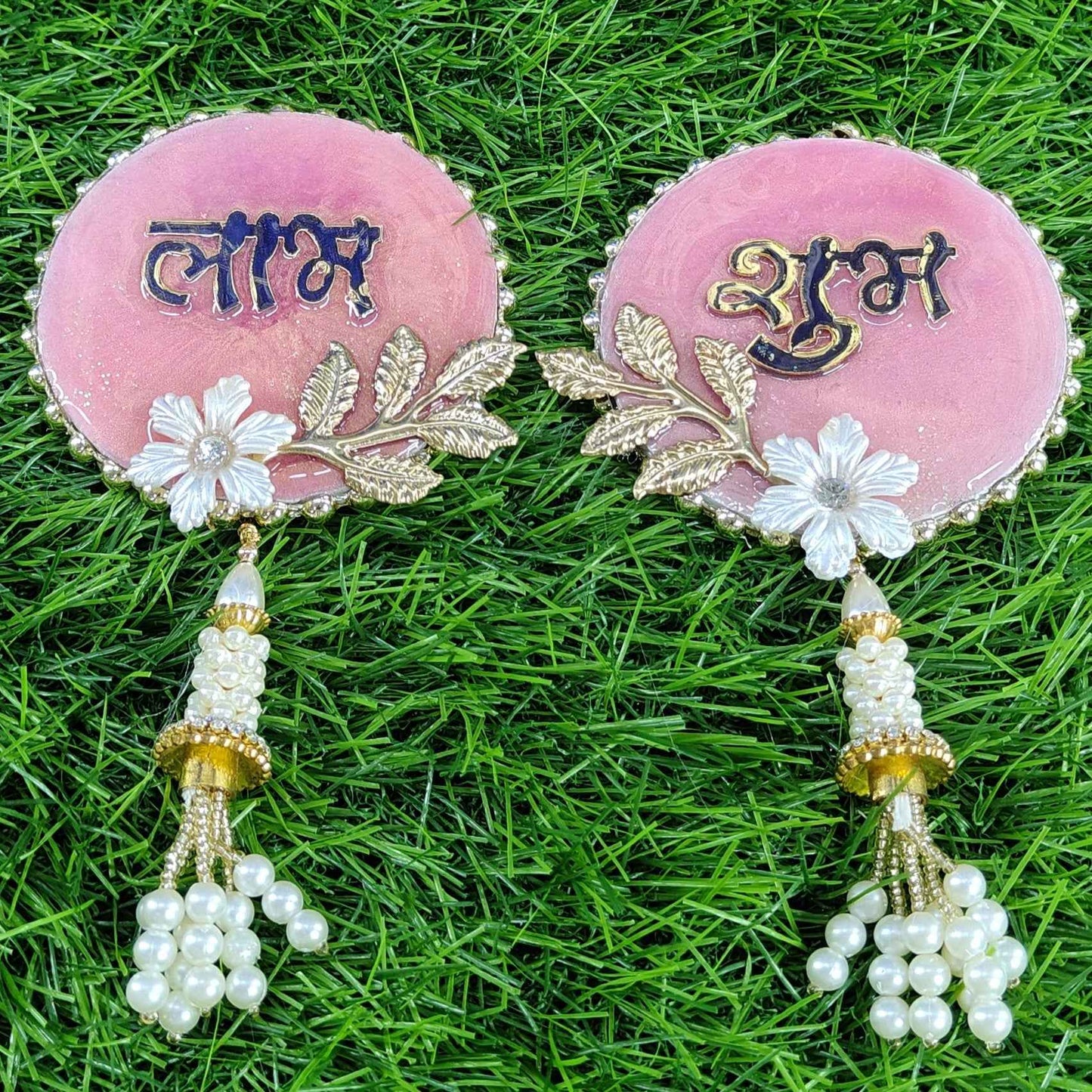 Pink Silver-Bloom Shubh Labh Door Hanging (Pair) ✨