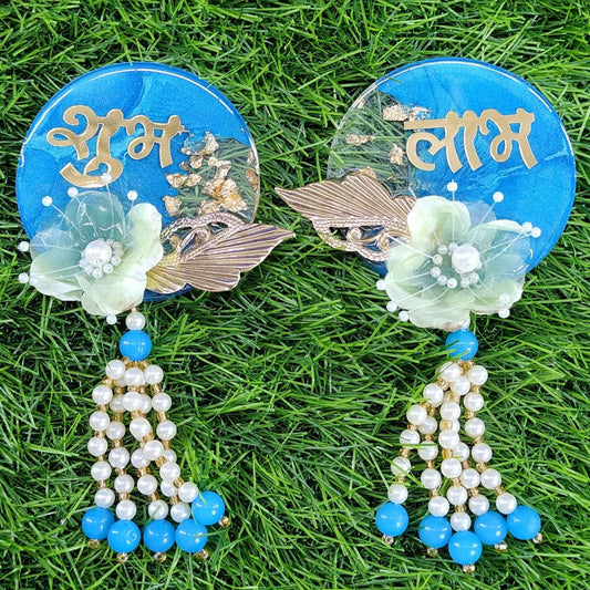 Powder Blue Blossom Shubh Labh Door Hanging (Pair) ✨