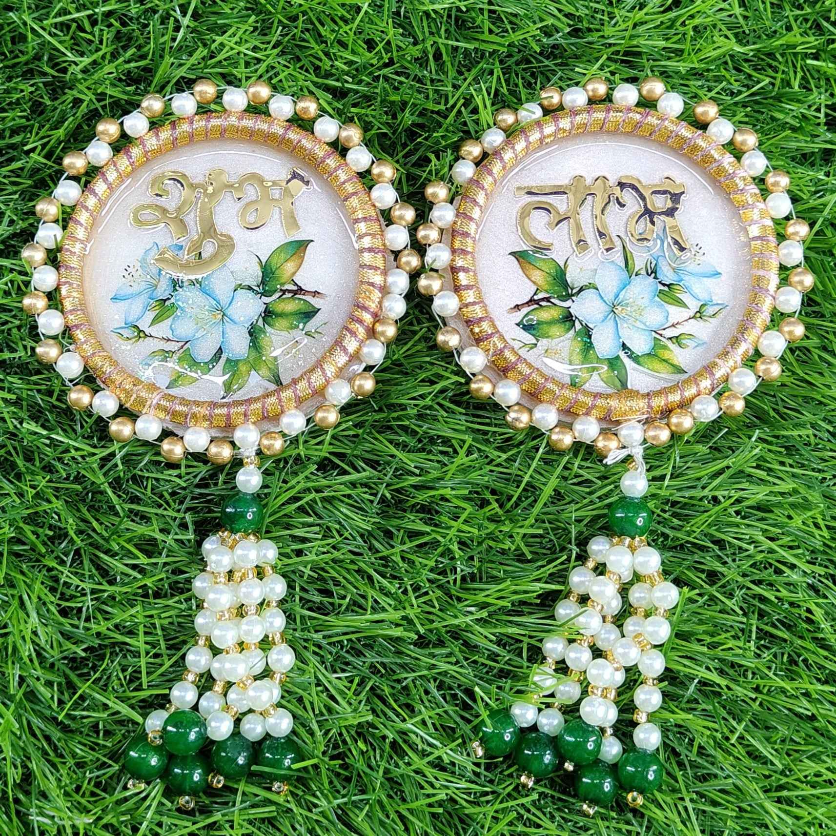 White & Blue Floral Shubh Labh Door Hanging (Pair) ✨