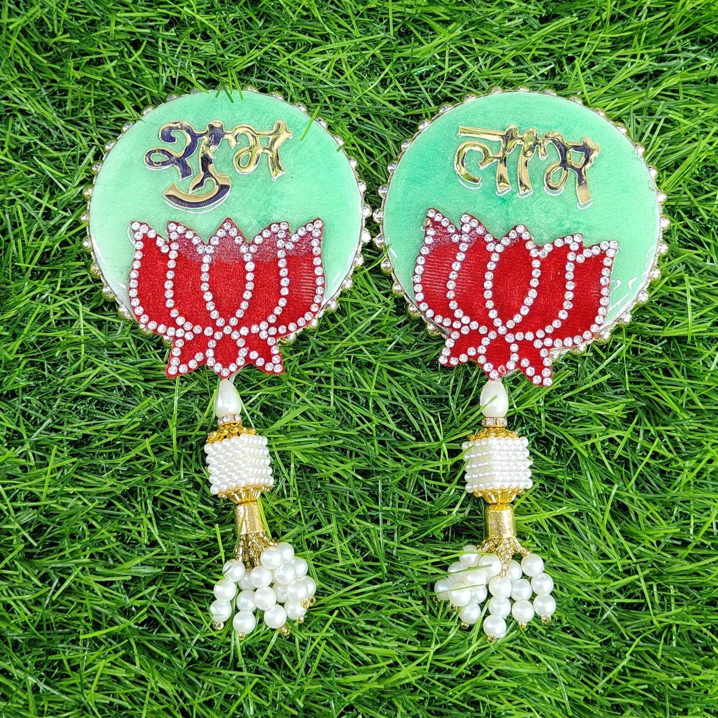 Green Red-Lotus Shubh Labh Door Hanging (Pair) ✨