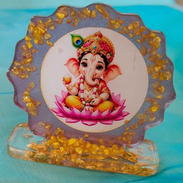 Ganesha on Lotus Resin Photo Frame Idol Stand – Lavender ✨
