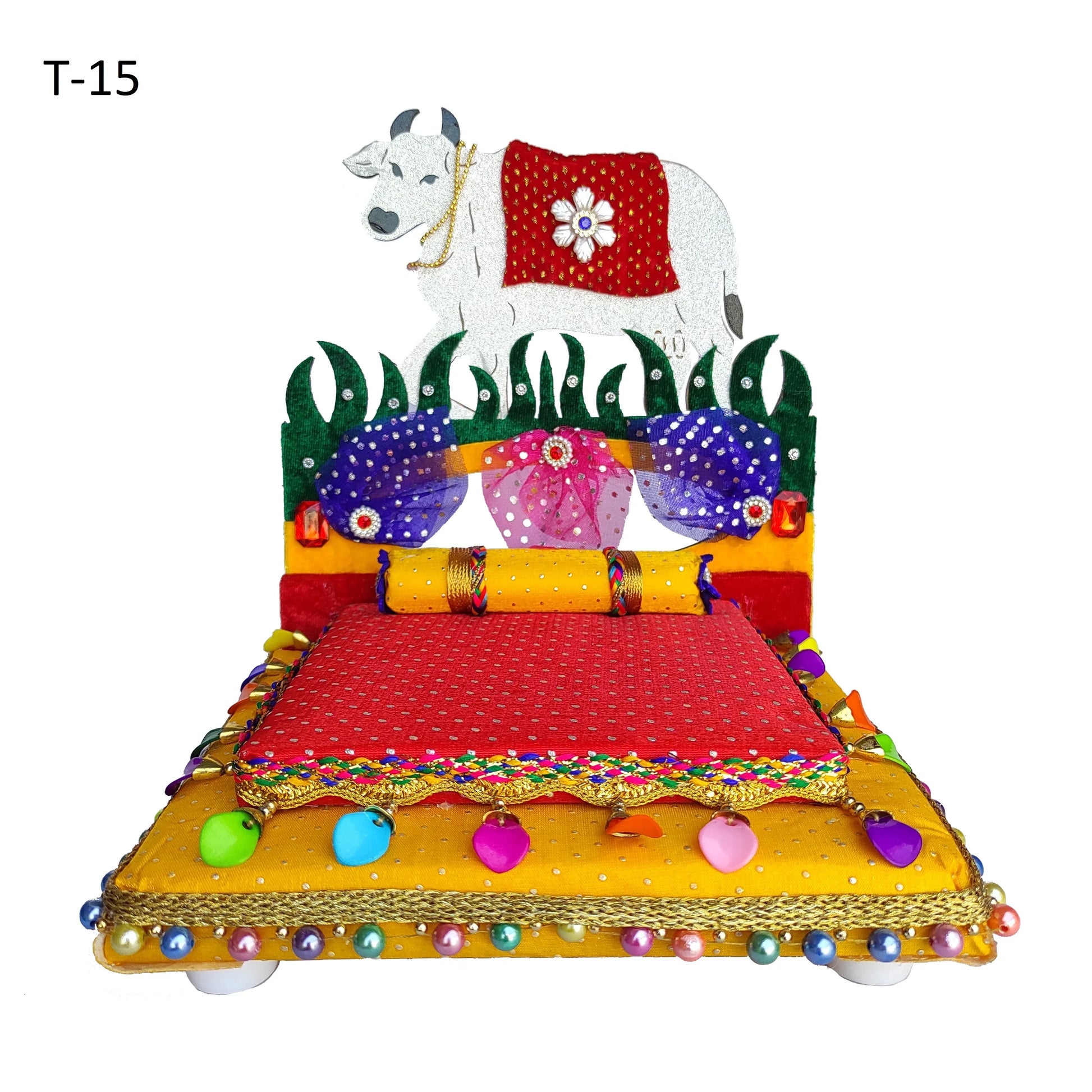 Gau Mata theme Laddu Gopal singhasan on red velvet with intricate detailing