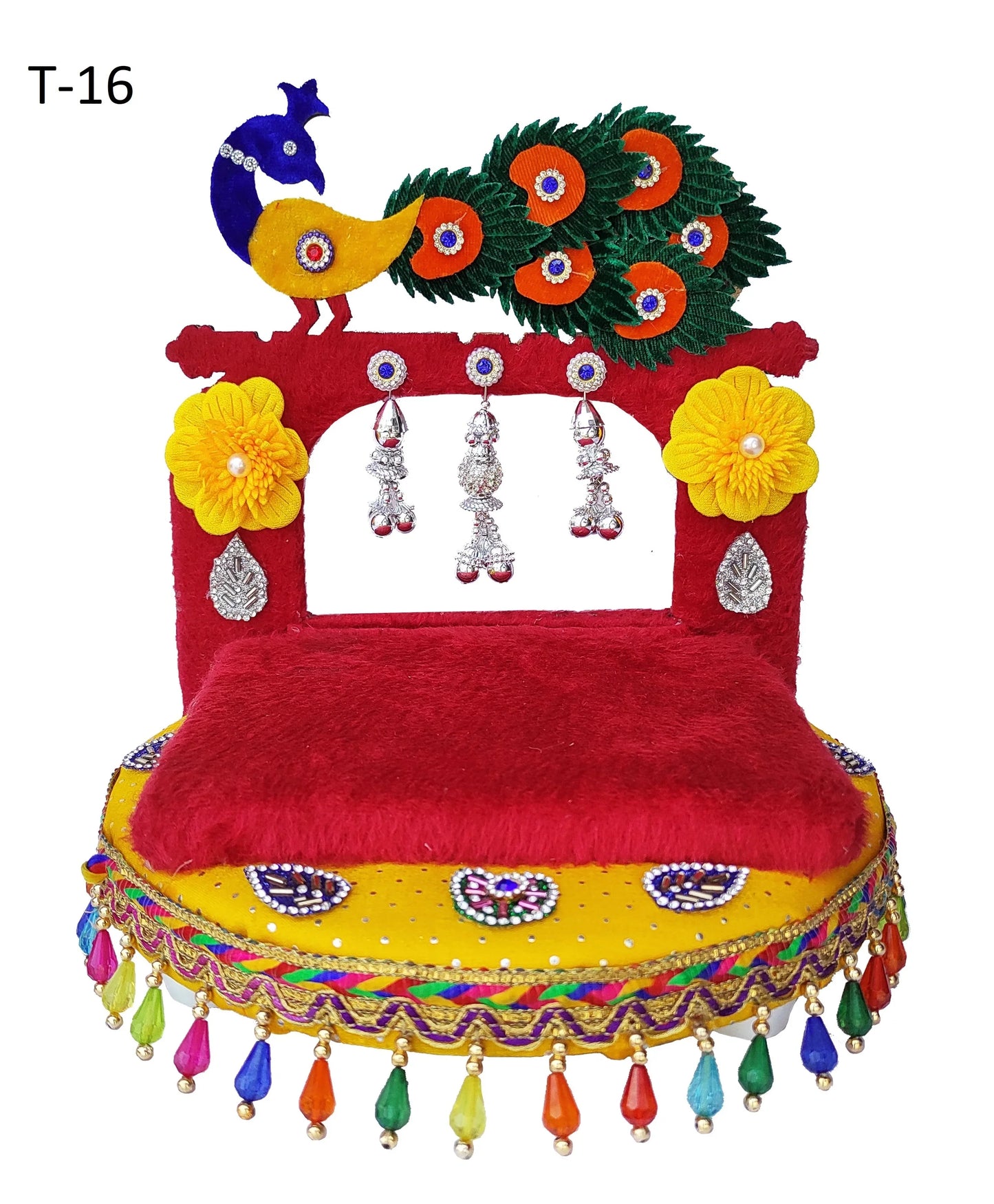 Peacock latkan Laddu Gopal singhasan on red velvet with hanging ornaments and tassels